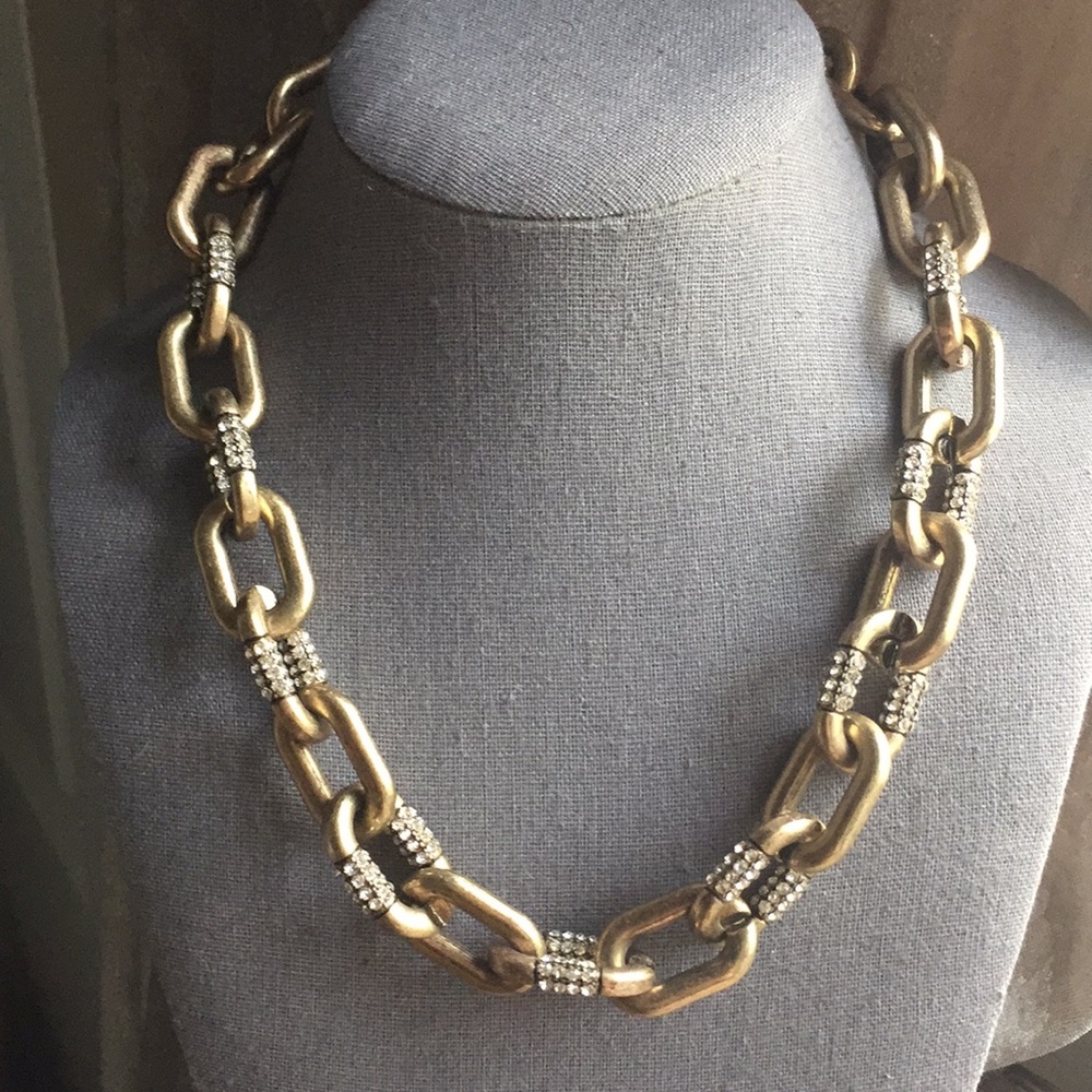 Chunky gold toned and rhinestone link necklace